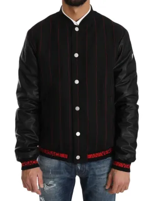 Black Red Striped Bomber Button Coat
