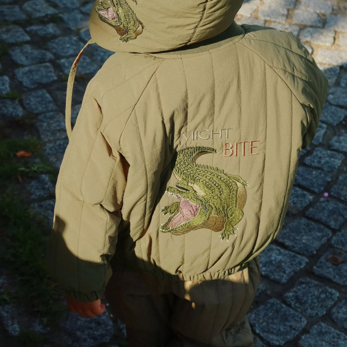 Juno Crocodile Embroidered Quilted Bomber Jacket (Olive)